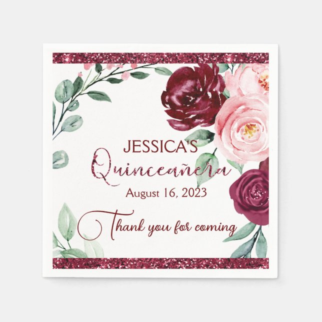 Servilleta De Papel Quinceanera Burgundy Red Floral Papel Napkin (Anverso)