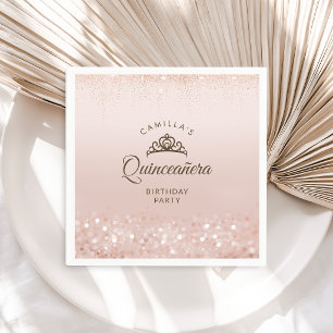 Servilleta De Papel Quinceañera con Brillo de Oro Rosa