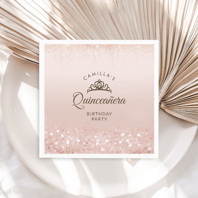 Servilleta De Papel Quinceañera con Brillo de Oro Rosa (Rose Gold Glitter Quinceañera Napkins)