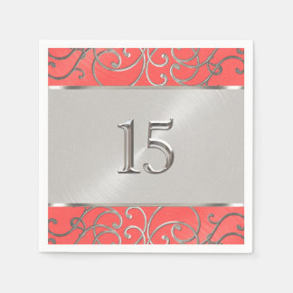 Servilleta De Papel Quinceanera Coral Rosa y Plata Filigree Swirls