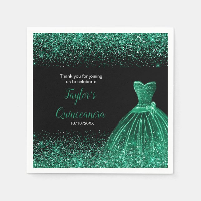 Servilleta De Papel Quinceanera Dark Green Faux Purpurina (Anverso)