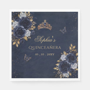 Servilleta De Papel Quinceañera de mariposa floral dorada azul marino