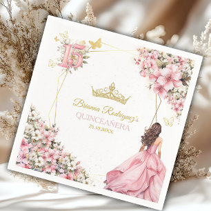 Servilleta De Papel Quinceañera de mariposas florales doradas rosa rub