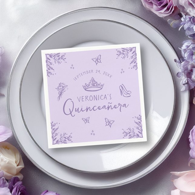 Servilleta De Papel Quinceanera elegante de lavanda (Shown on a Standard Cocktail napkin)
