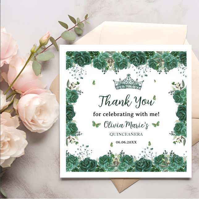 Servilleta De Papel Quinceañera Emerald Green Floral Butterflies Tiara (Subido por el creador)