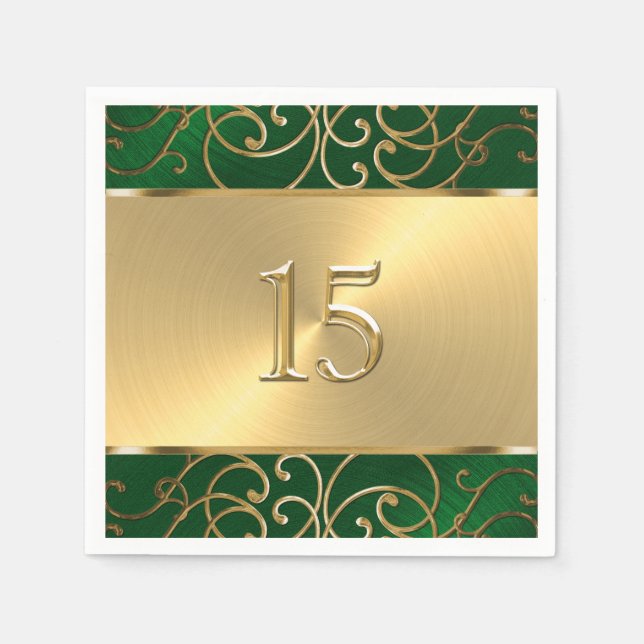 Servilleta De Papel Quinceanera Emerald Green y Gold Filigree Swirls (Anverso)