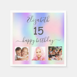 Servilleta De Papel Quinceanera fiesta foto holográfica púrpura rosa