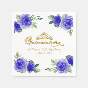 Servilleta De Papel Quinceanera Fiesta Gold Tiara Royal Blue Floral