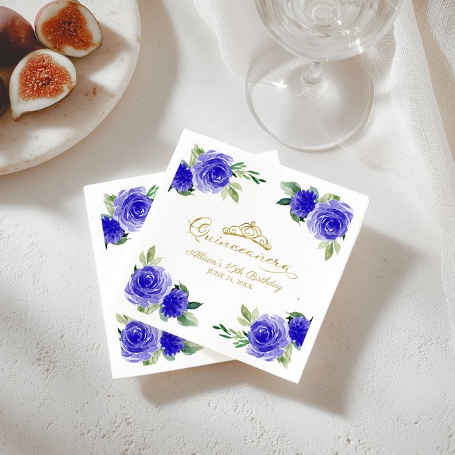 Servilleta De Papel Quinceanera Fiesta Gold Tiara Royal Blue Floral (Subido por el creador)