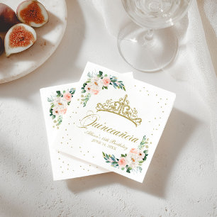 Servilleta De Papel Quinceanera Fiesta Gold Tiara Rubor Floral rosa