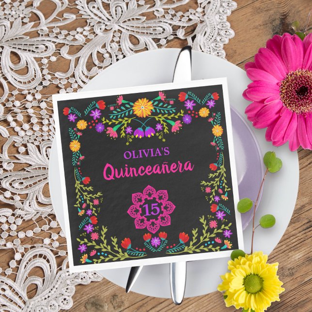 Servilleta De Papel Quinceanera Fiesta Mexicana Flores Nacimiento Negr (Quinceanera napkins from my Mexican Fiesta Floral collection
)