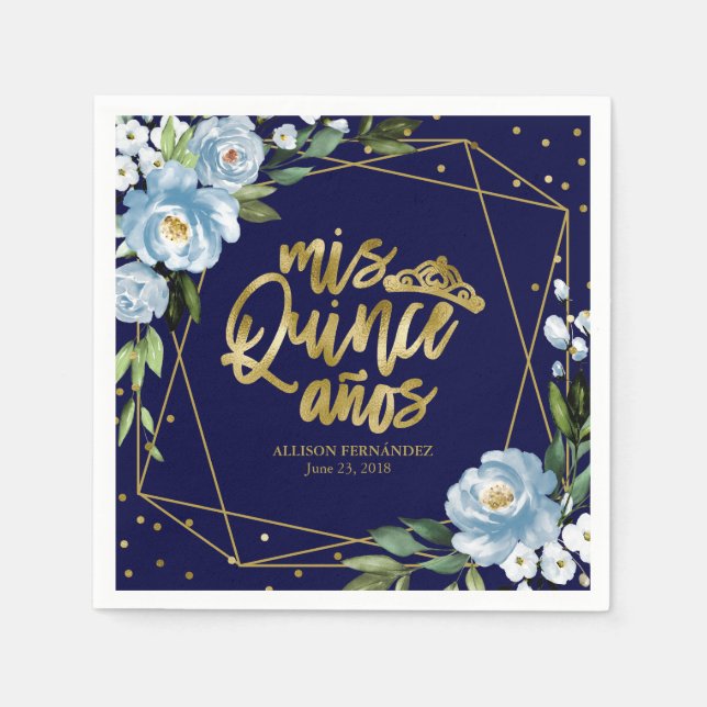 Servilleta De Papel Quinceanera floral azul dorada (Anverso)