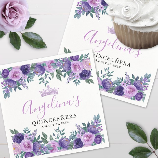 Servilleta De Papel Quinceanera floral púrpura (Floral Purple Quinceanera Napkins)