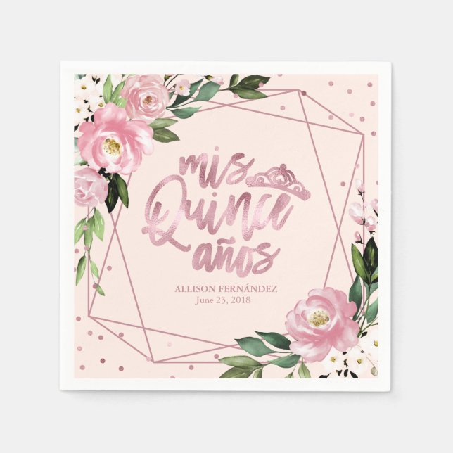 Servilleta De Papel Quinceanera floral rosa de Rubor (Anverso)