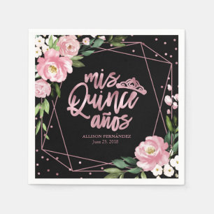 Servilleta De Papel Quinceanera floral rosa negra
