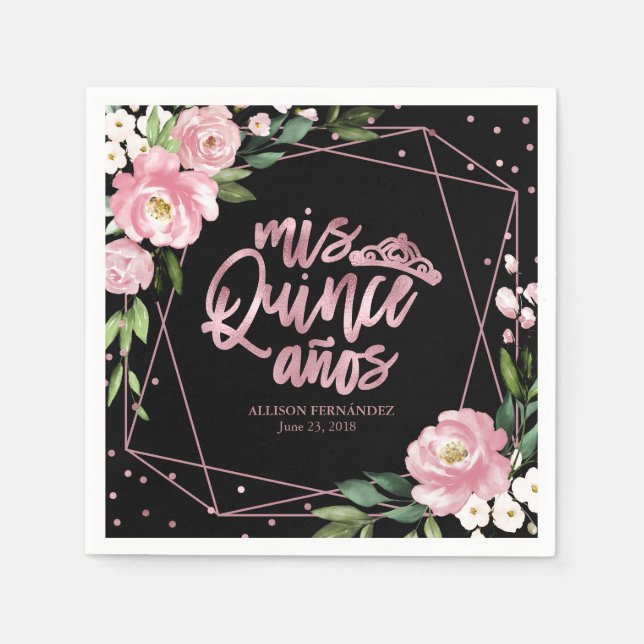 Servilleta De Papel Quinceanera floral rosa negra (Anverso)