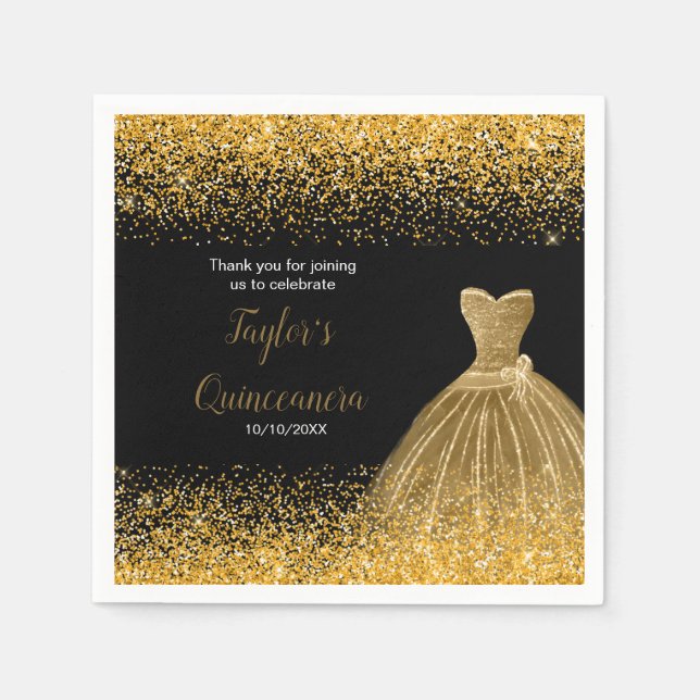 Servilleta De Papel Quinceanera Gold Faux Purpurina (Anverso)
