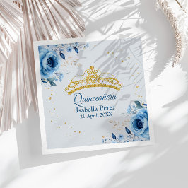 Servilleta De Papel Quinceanera Gold Tiara Purpurina y Blue Floral