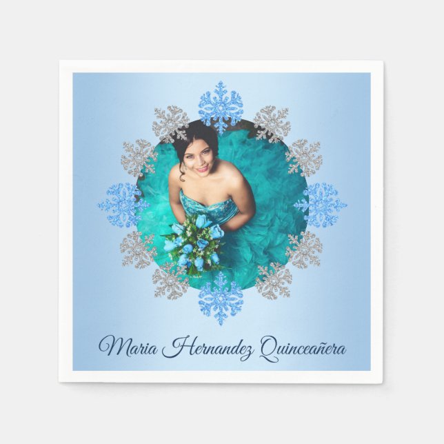 Servilleta De Papel Quinceañera Ice Blue Silver Snowflake (Anverso)