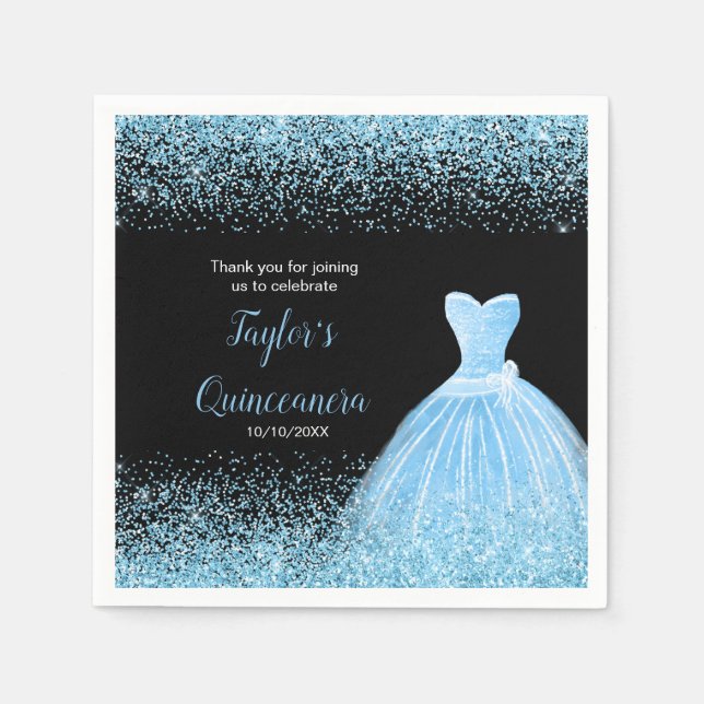 Servilleta De Papel Quinceanera Light Blue Faux Purpurina (Anverso)