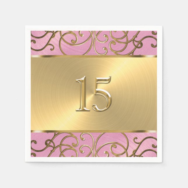 Servilleta De Papel Quinceanera Lilac Rosa y Gold Filigree Swirls (Anverso)