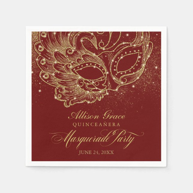 Servilleta De Papel Quinceanera Masquerade Fiesta Gold Burgundy (Anverso)