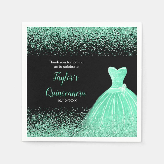 Servilleta De Papel Quinceanera Mint Green Faux Purpurina (Anverso)
