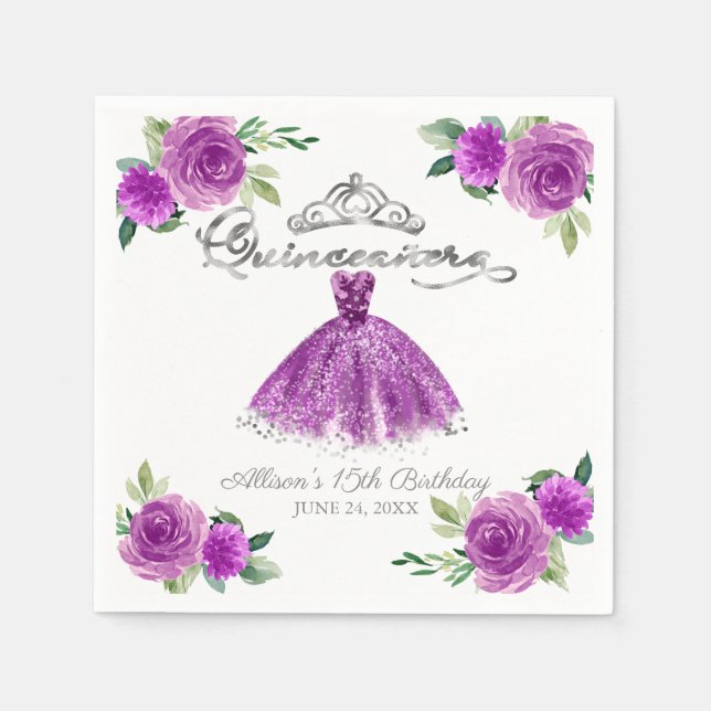 Servilleta De Papel Quinceanera Morado Acuarela Guisada Flora (Anverso)