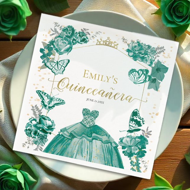 Servilleta De Papel Quinceanera Napkins Esmeralda Verde Vestido Floral (Subido por el creador)