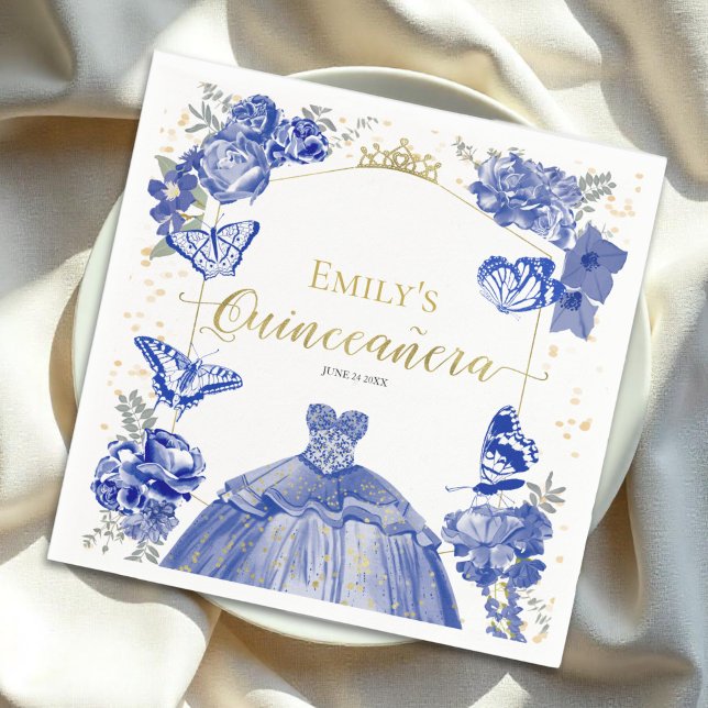 Servilleta De Papel Quinceanera Napkins Royal Blue Dress Floral (Subido por el creador)
