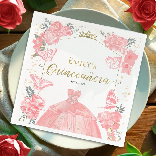 Servilleta De Papel Quinceanera Napkins Vestido Rosa Relieve metalizad (Subido por el creador)