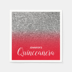 Servilleta De Papel Quinceañera Ombre Rojo Brillante y Plata con Purpu