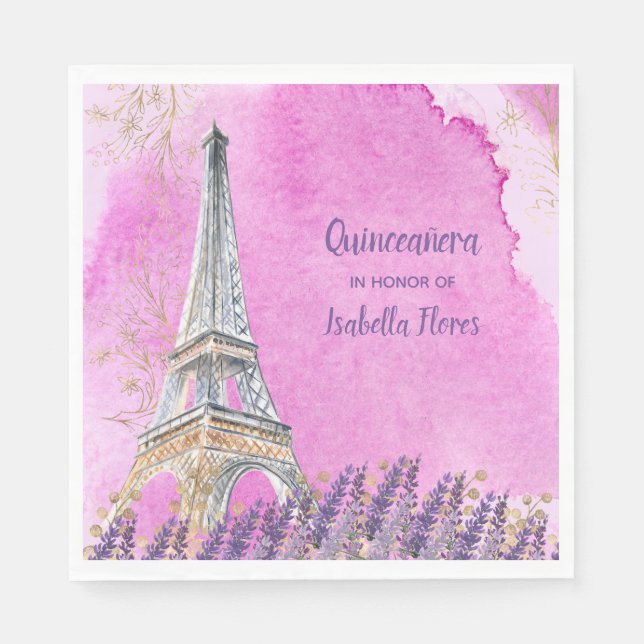 Servilleta De Papel Quinceanera Paris Torre Eiffel Color del Agua Rosa (Anverso)
