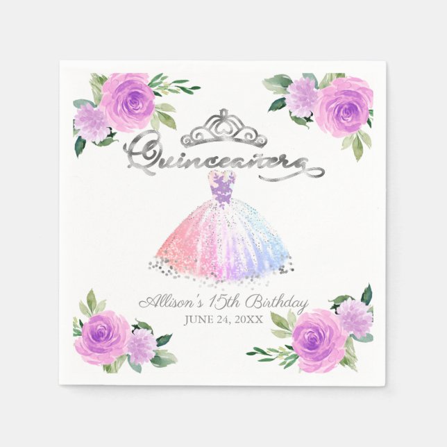 Servilleta De Papel Quinceanera Pastel Colores Gown Floral (Anverso)