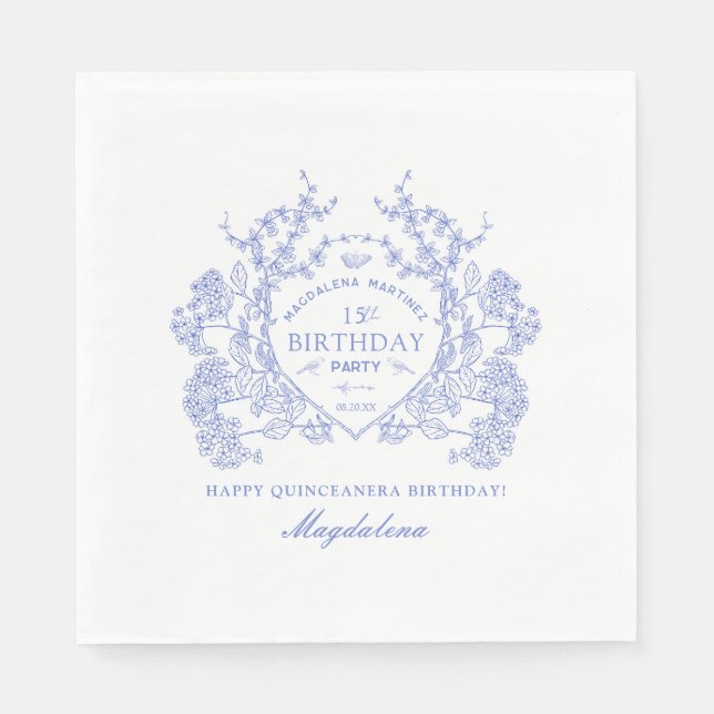 Servilleta De Papel Quinceanera Personalizado Escudo Floral Azul (Anverso)