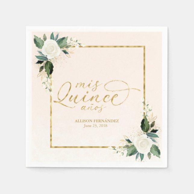 Servilleta De Papel Quinceanera Relieve metalizado dorado Rosa Napkins (Anverso)