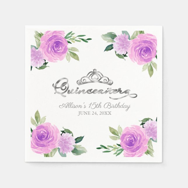 Servilleta De Papel Quinceanera Relieve metalizado plateado Tiara Colo (Anverso)