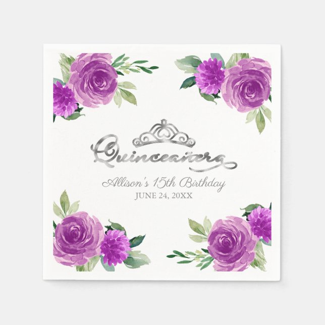 Servilleta De Papel Quinceanera Relieve metalizado plateado Tiara Purp (Anverso)