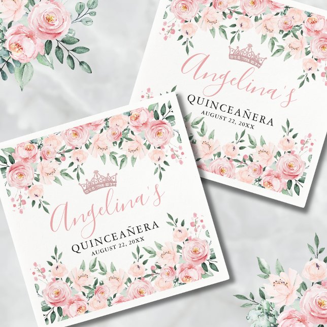 Servilleta De Papel Quinceañera Rosa Floral (Floral Pink Quinceañera Napkins)