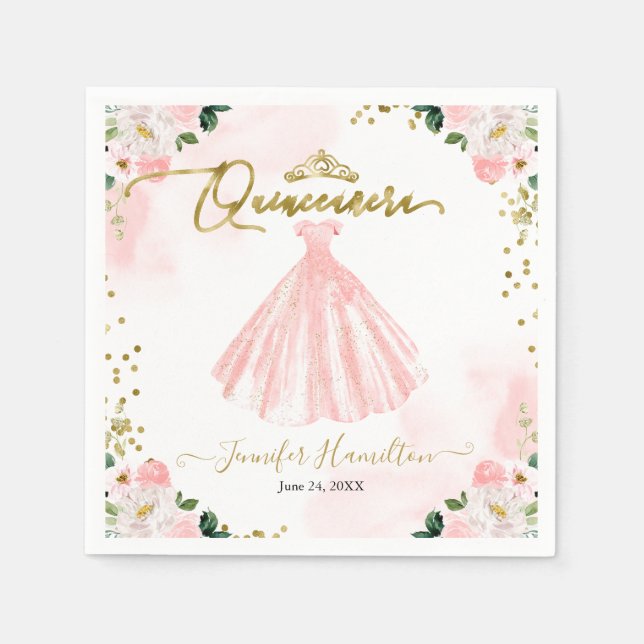 Servilleta De Papel Quinceanera rosa floral de Rubor (Anverso)