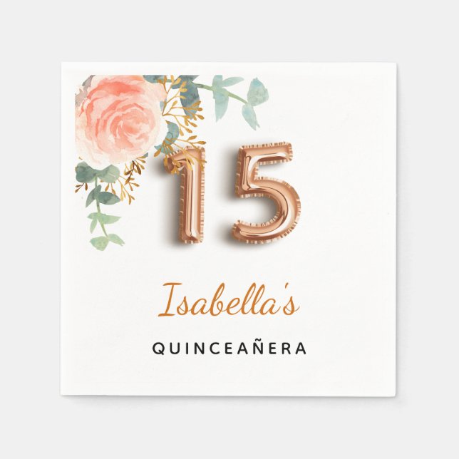 Servilleta De Papel Quinceanera rosa floral oro eucalipto monograma (Anverso)