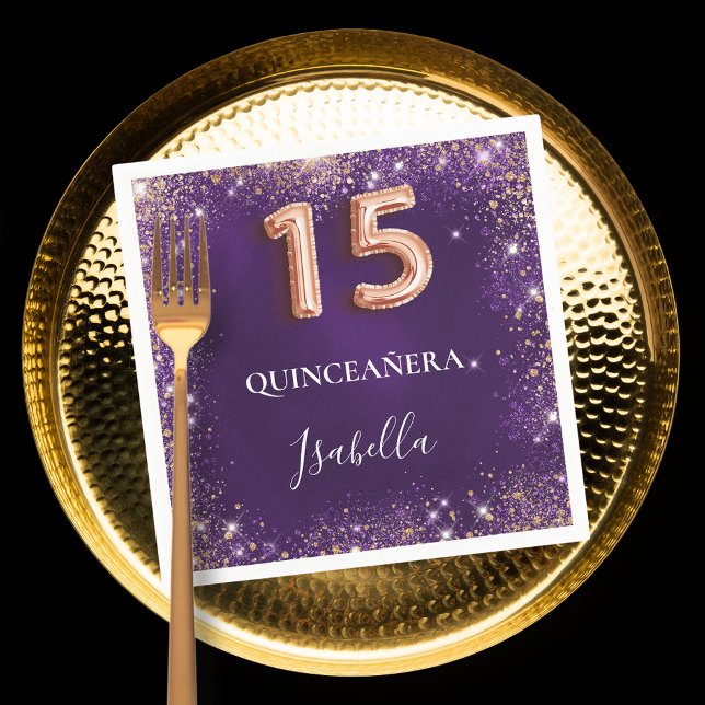 Servilleta De Papel Quinceanera rosa morado destellos de oro nombre (Subido por el creador)