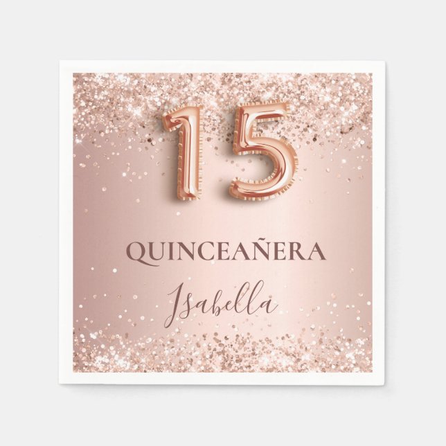 Servilleta De Papel Quinceanera rosa oro rosa nombre elegante (Anverso)