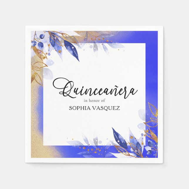 Servilleta De Papel Quinceanera Royal Blue Gold Botanica Personalizada (Anverso)