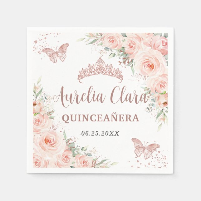 Servilleta De Papel Quinceanera Rubor Floral Rosa Butterflies Gold (Anverso)