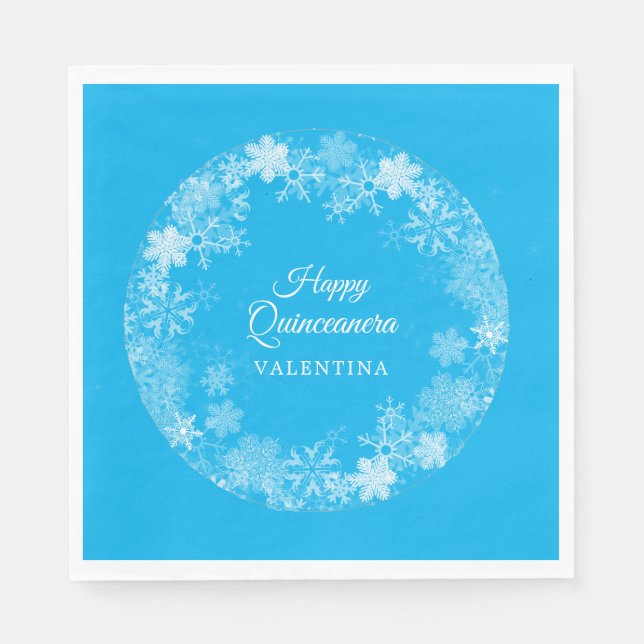 Servilleta De Papel Quinceanera Winter Wonderland Snowflake Blue (Anverso)