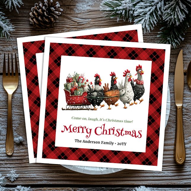 Servilleta De Papel Quirky Christmas chickens napkin custom name edit (Rustic Funny Chickens Personalized Watercolor Holiday Christmas Napkins

)