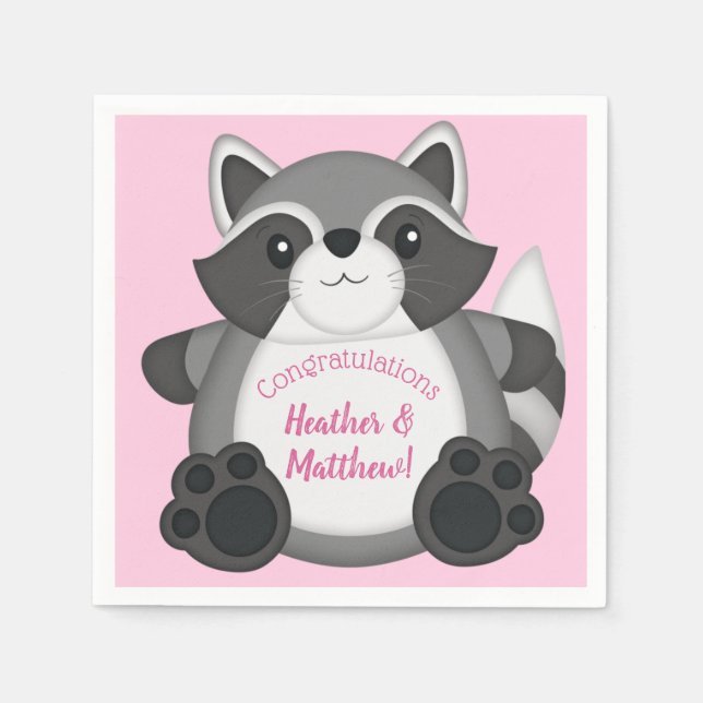 Servilleta De Papel Raccoon Baby Shower Pink (Anverso)