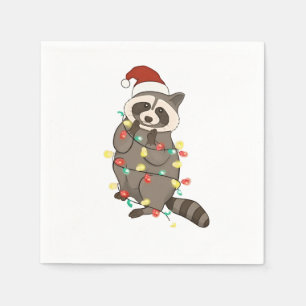 Servilleta De Papel Raccoon Merry Christmas Light Santa Hat Xmas Nieve