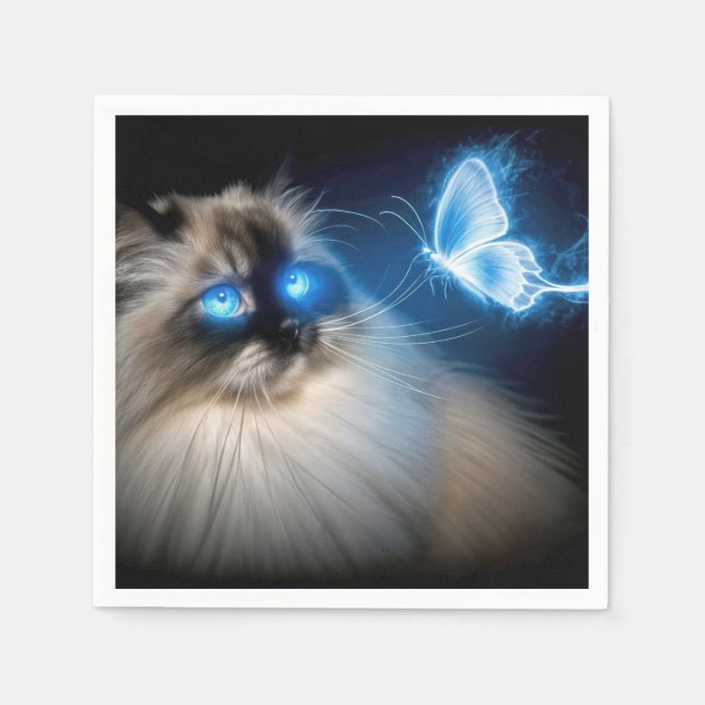 Servilleta De Papel Ragdoll Cat Con Mariposa De Neón Azul (Anverso)